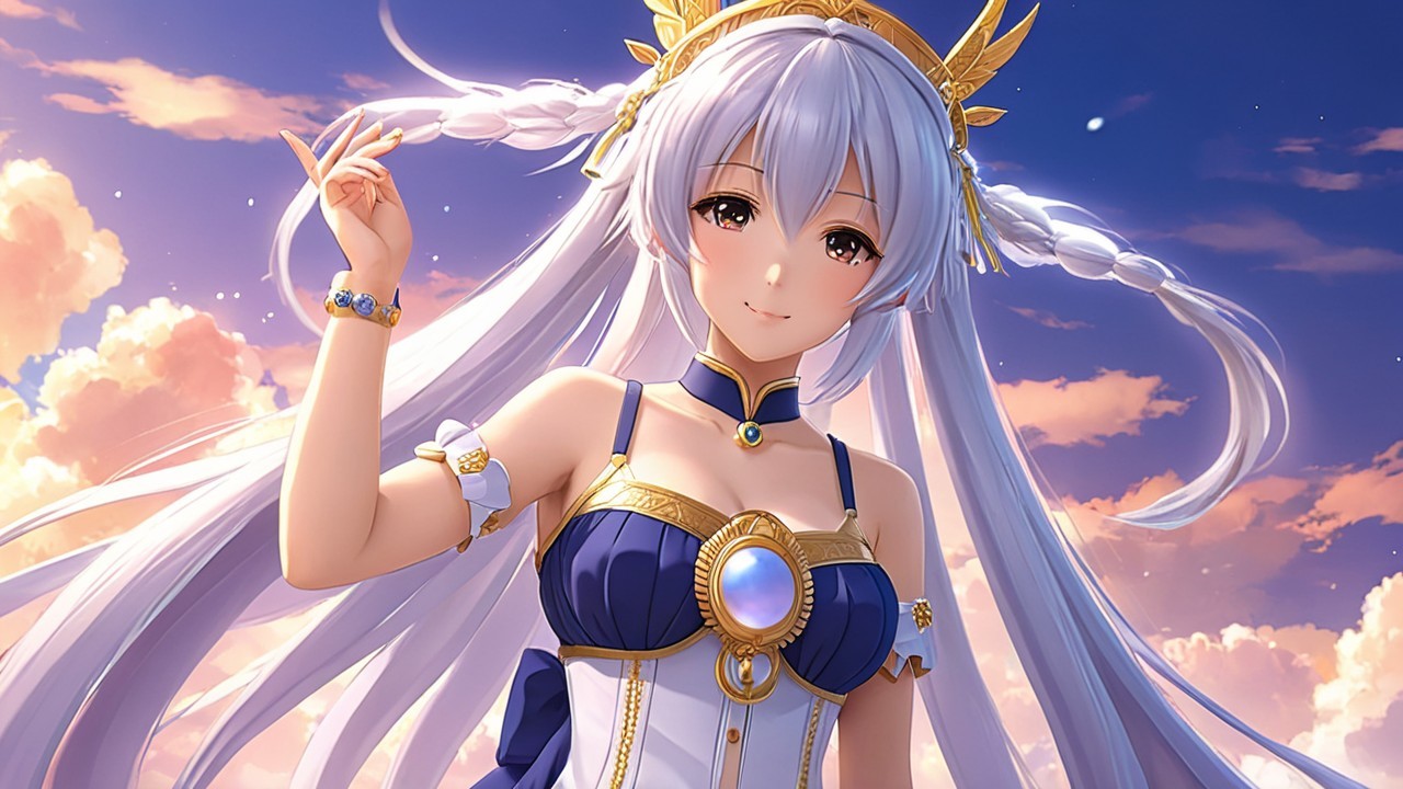 Serene anime character with silver hair and vibrant sky