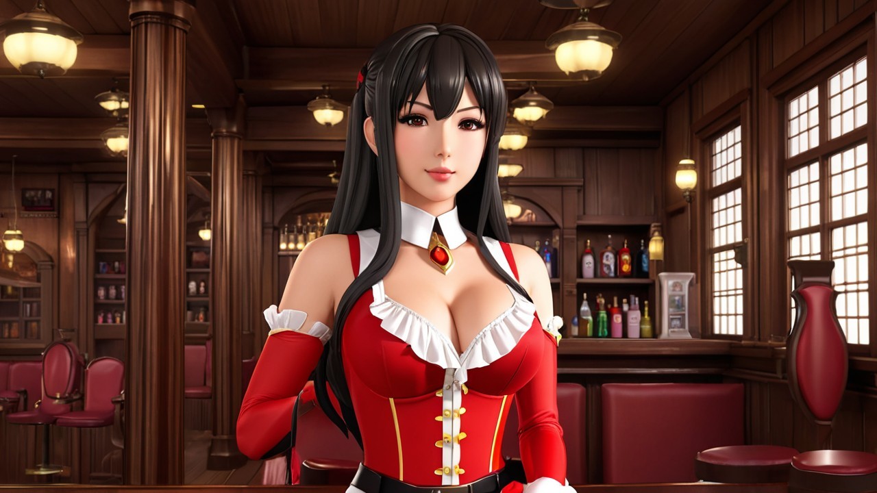Elegant Character in Stylish Bar Outfit with Bottles
