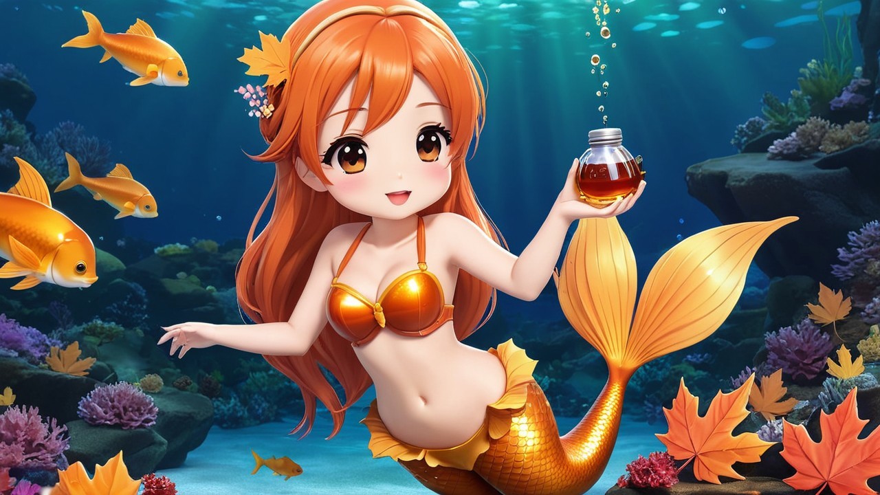 Cheerful mermaid with orange hair in vibrant ocean scene