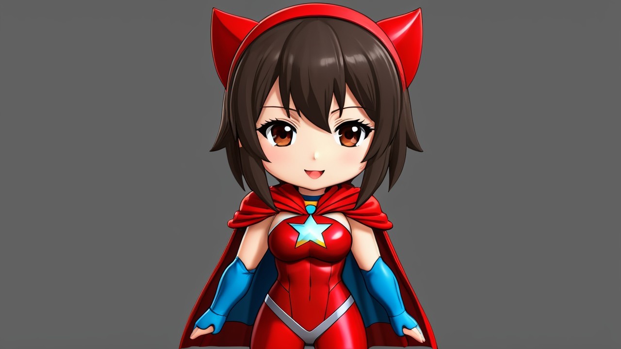 Chibi-style character with vibrant costume and playful features