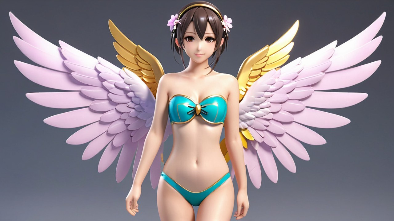 Humanoid Character with Colorful Wings and Bikini