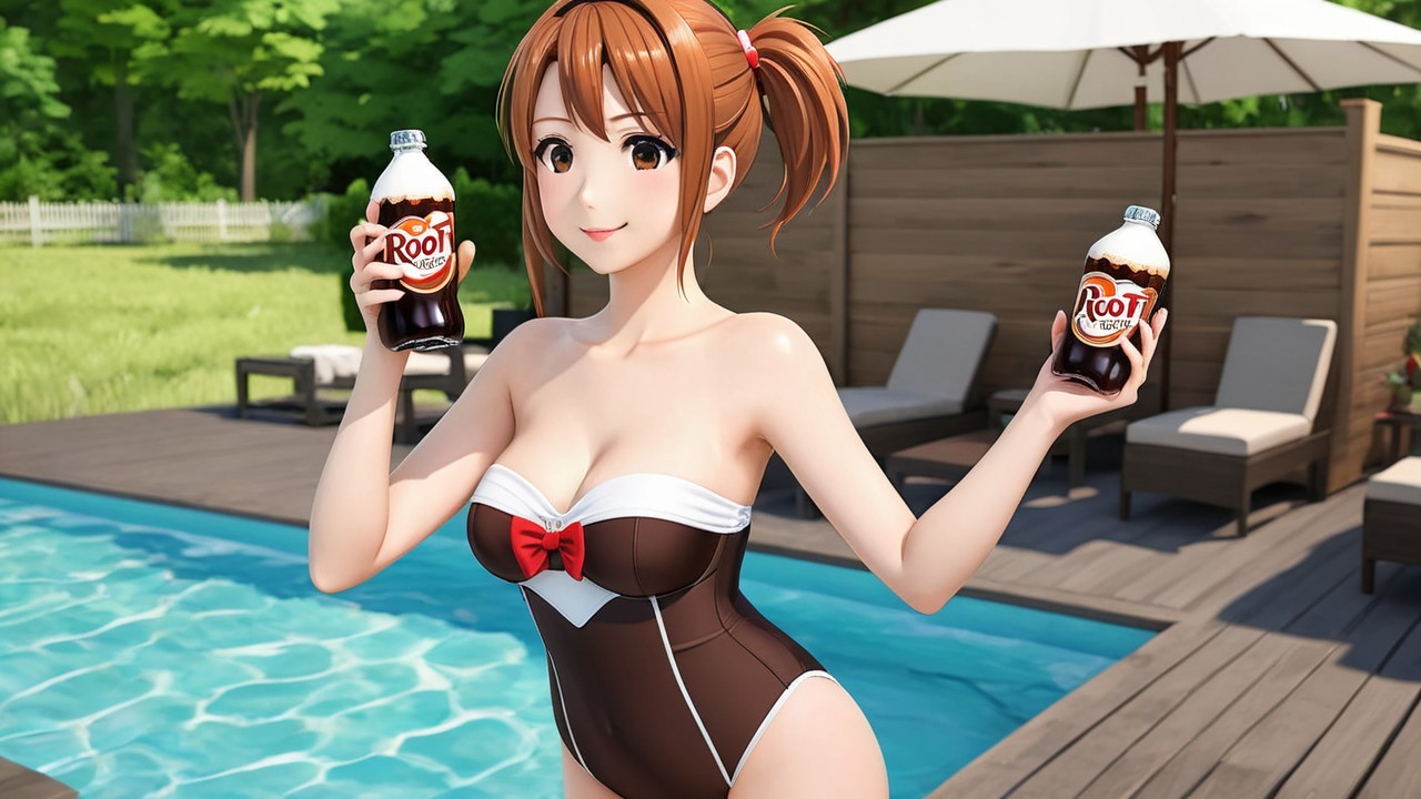 Cheerful anime girl by pool in stylish black swimsuit