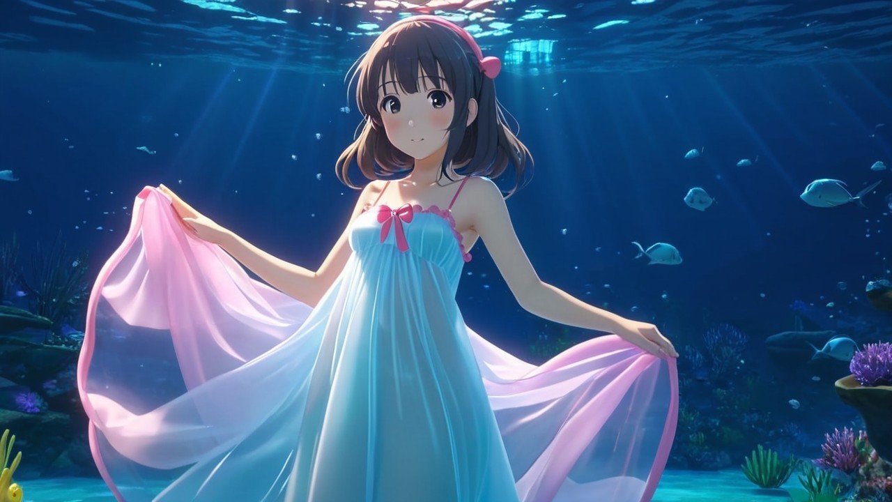 Underwater Scene with a Girl in Translucent Dress