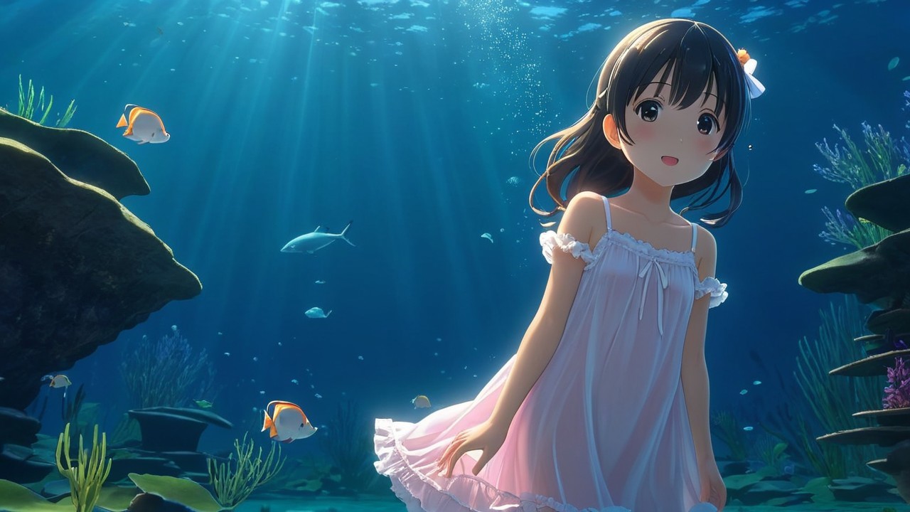 Young girl in white dress underwater with colorful fish