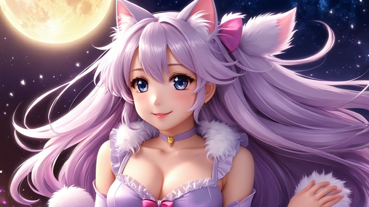 Whimsical Anime Character with Lavender Hair and Cat Ears