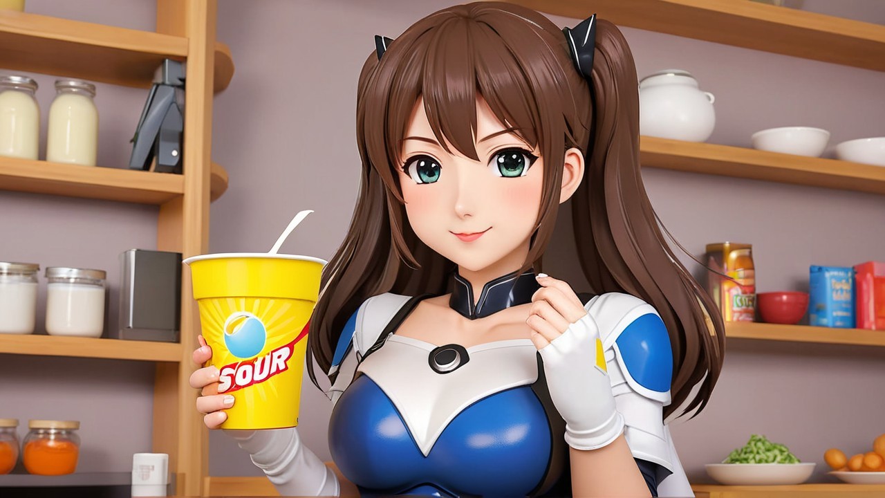 Cheerful anime character in modern kitchen setting