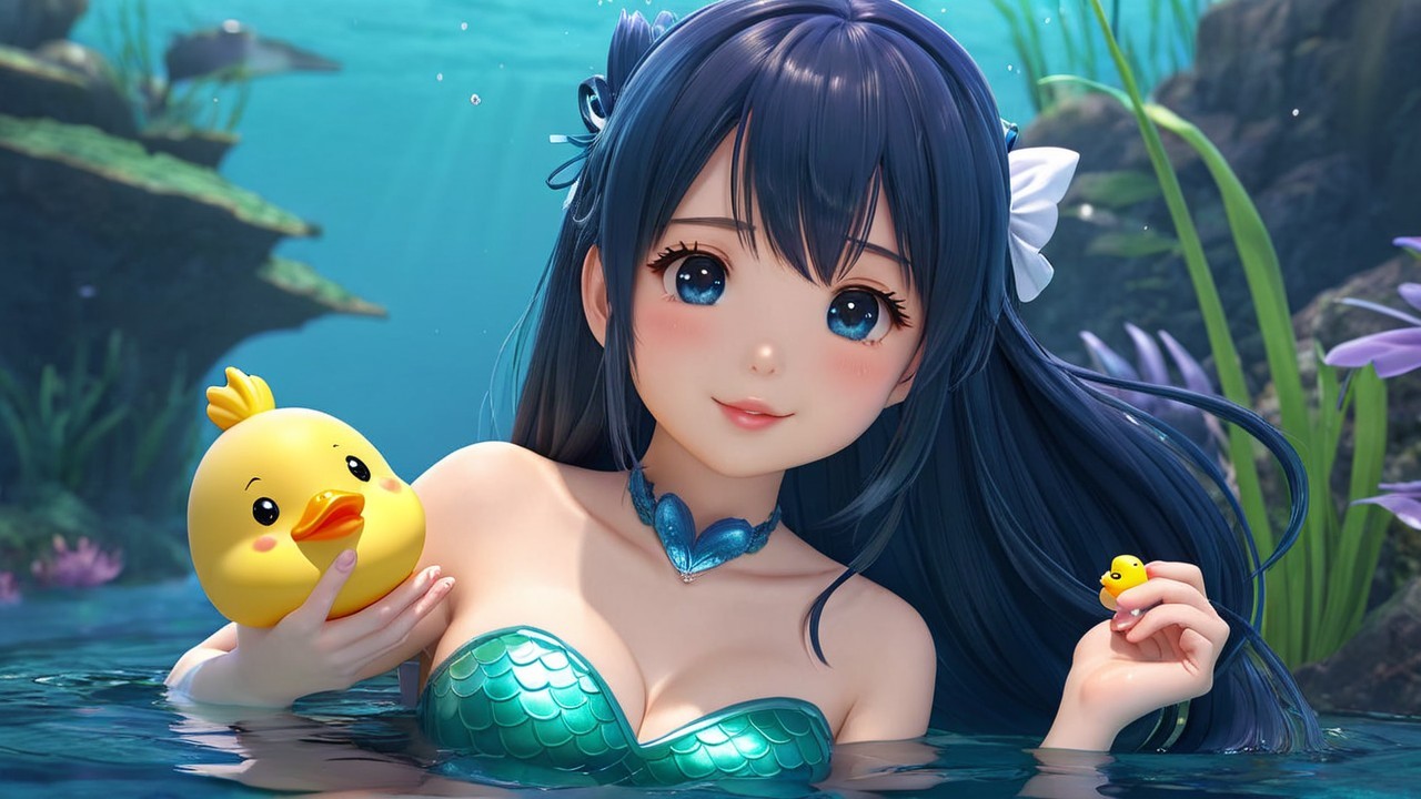 Underwater Scene with Girl, Mermaid Tail, and Ducks