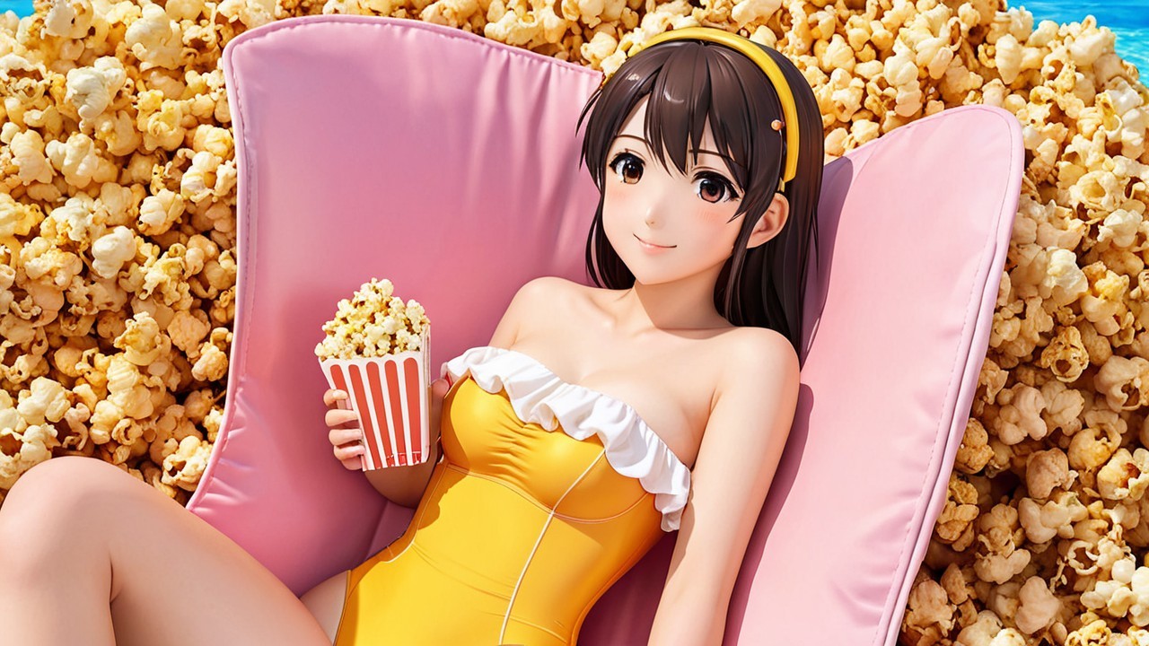 Young Woman in Yellow Swimsuit with Popcorn Scene