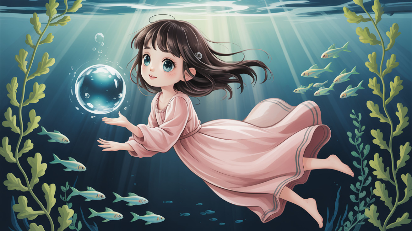 Cute anime girl underwater with iridescent bubble
