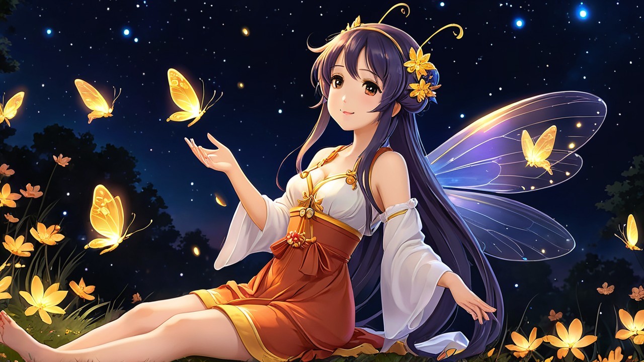 Serene fairy in a magical night garden setting