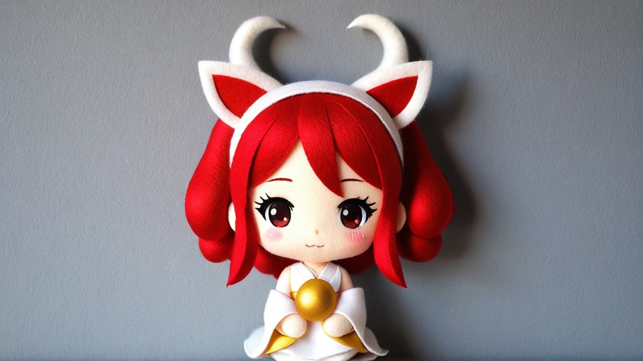 Plush Doll with Red Curls and Whimsical Accents