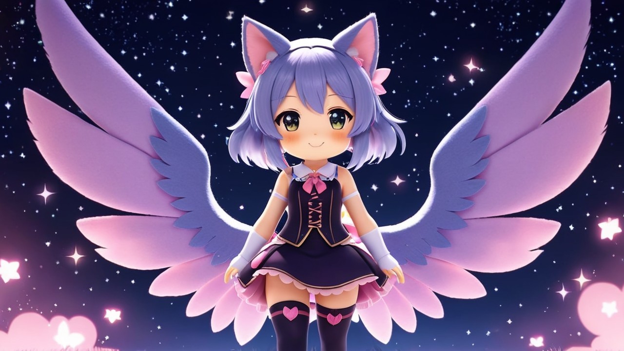 Anime character with blue hair, cat ears, and wings