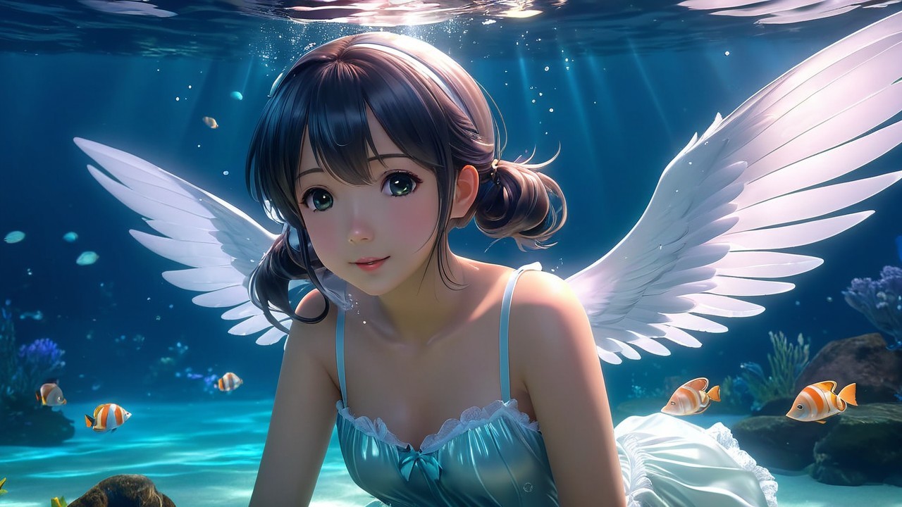 Young girl with wings swimming in vibrant underwater scene
