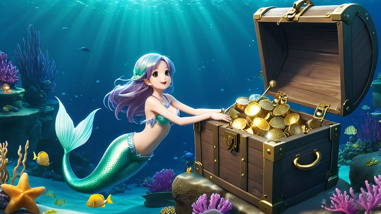 Cheerful Mermaid in Vibrant Underwater Treasure Scene