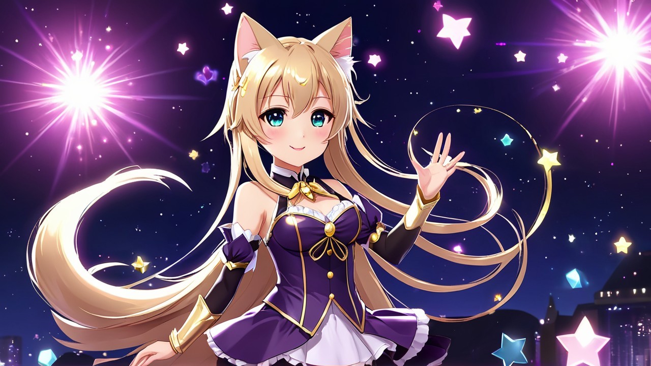 Cheerful anime character in purple outfit under stars