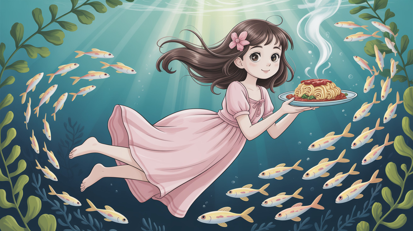 Anime Illustration of Girl with Spaghetti Underwater