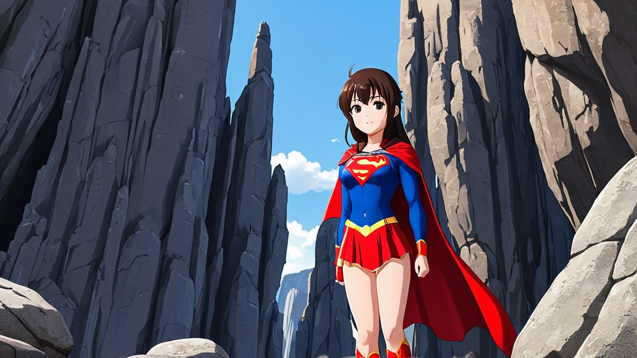 Animated superhero character in rocky landscape
