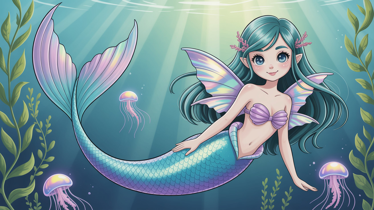 Chibi Mermaid with Iridescent Wings and Jellyfish