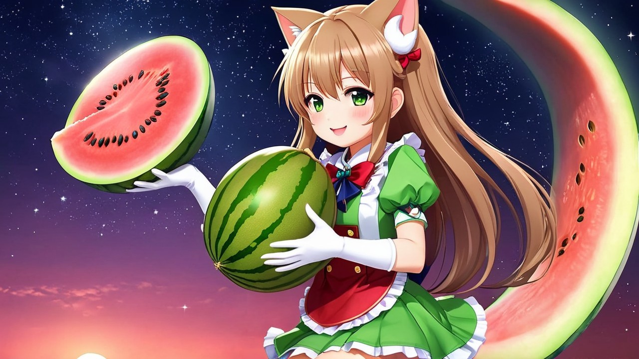 Cheerful anime character with watermelon at night sky