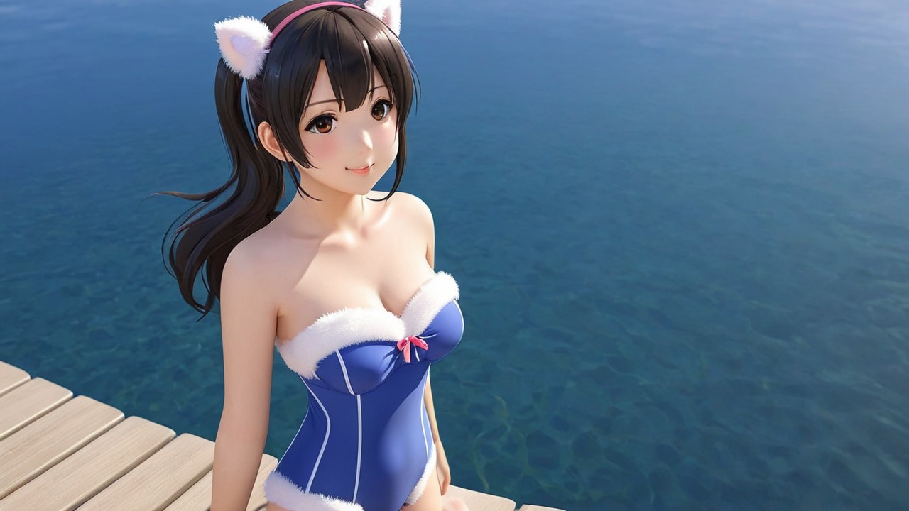 Young Woman in Blue Swimsuit by Serene Water