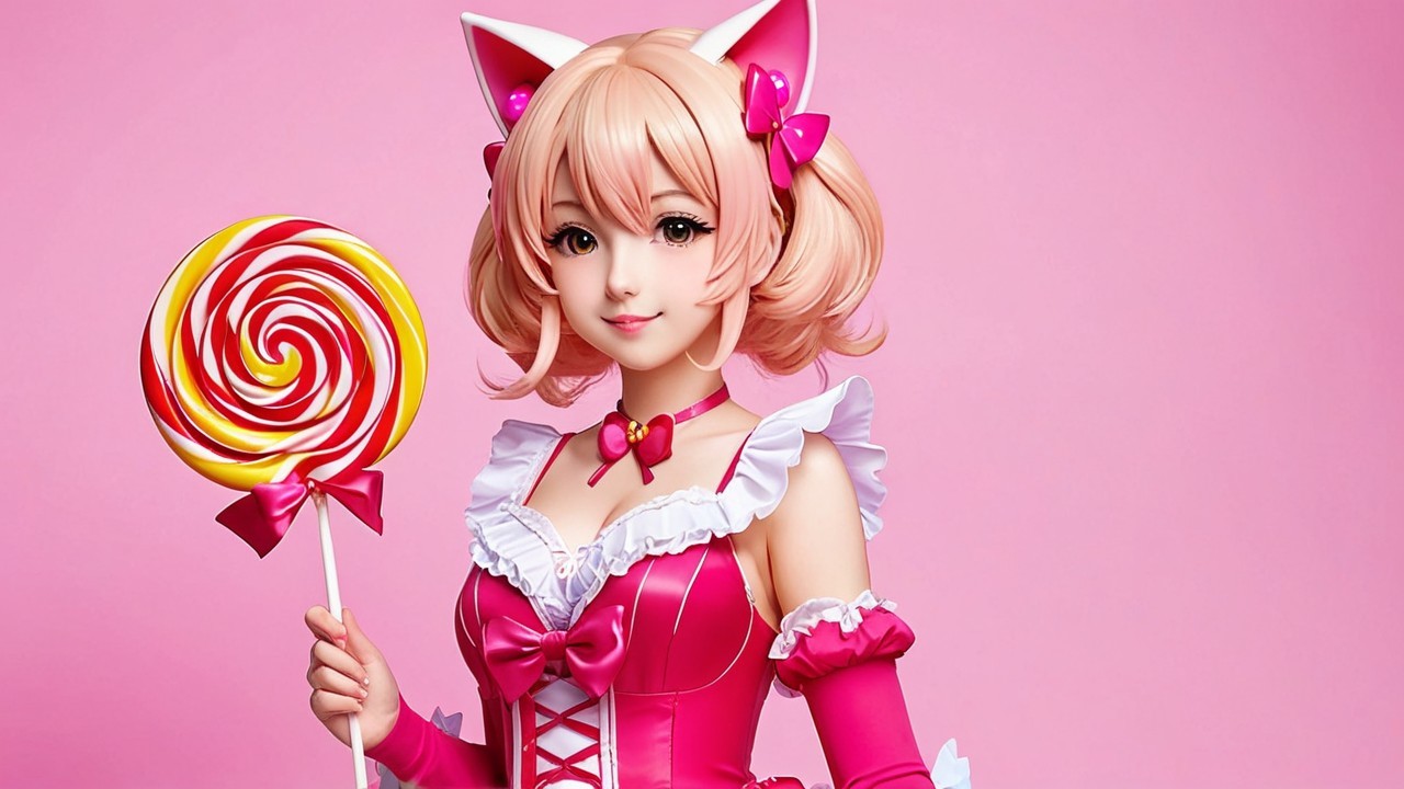 Playful Character with Cat Features in Pink Dress