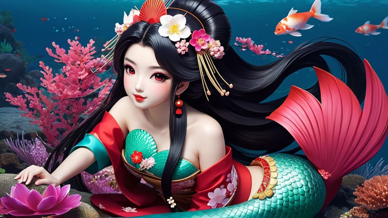 Mermaid in Colorful Attire Surrounded by Coral and Fish