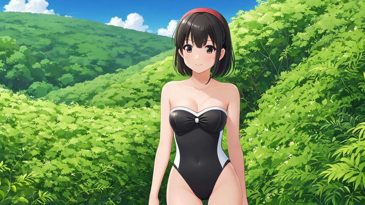 Cheerful girl in black and white swimsuit in summer landscape