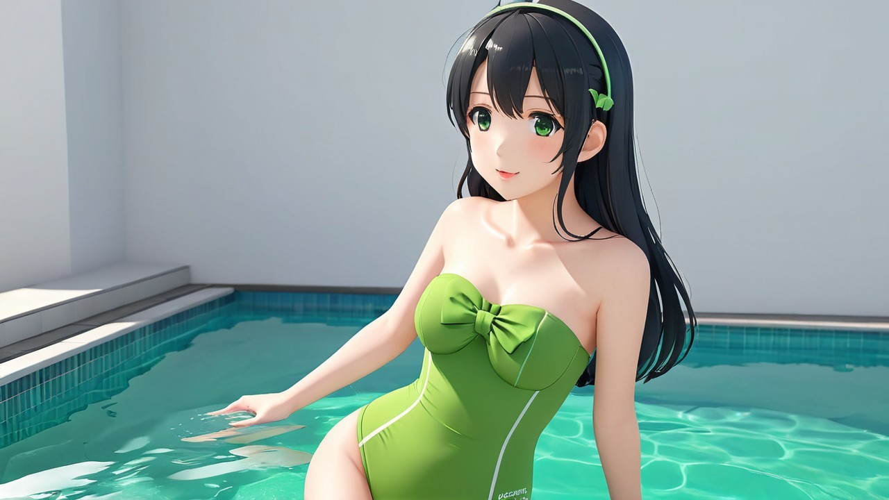 Animated Character in Pool with Green Swimsuit