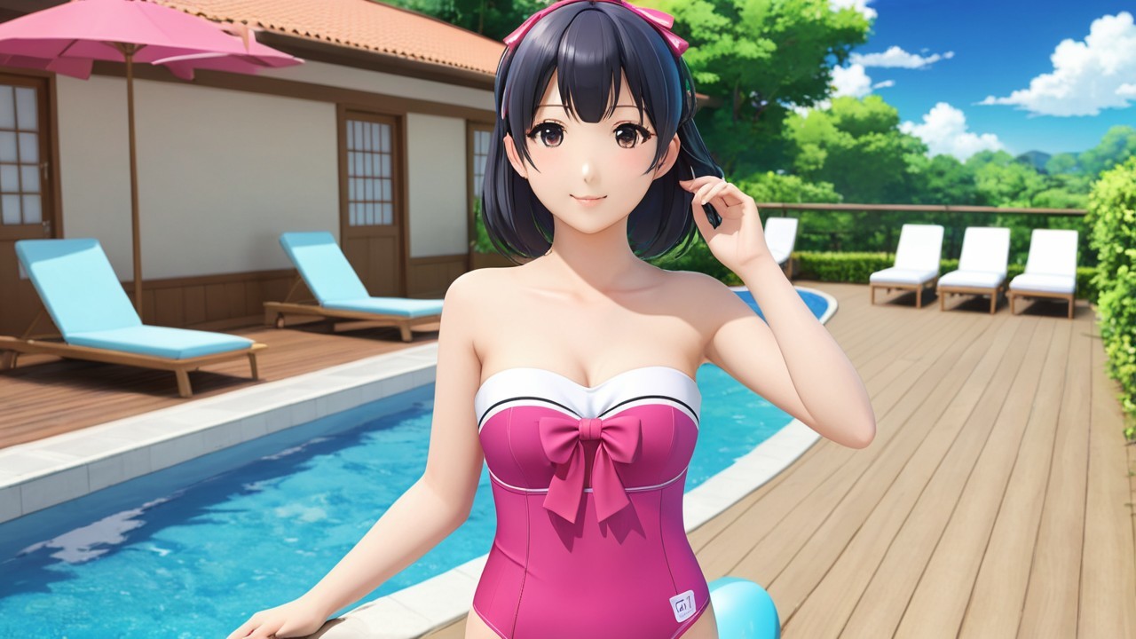 Cheerful woman in pink swimsuit by sunny poolside