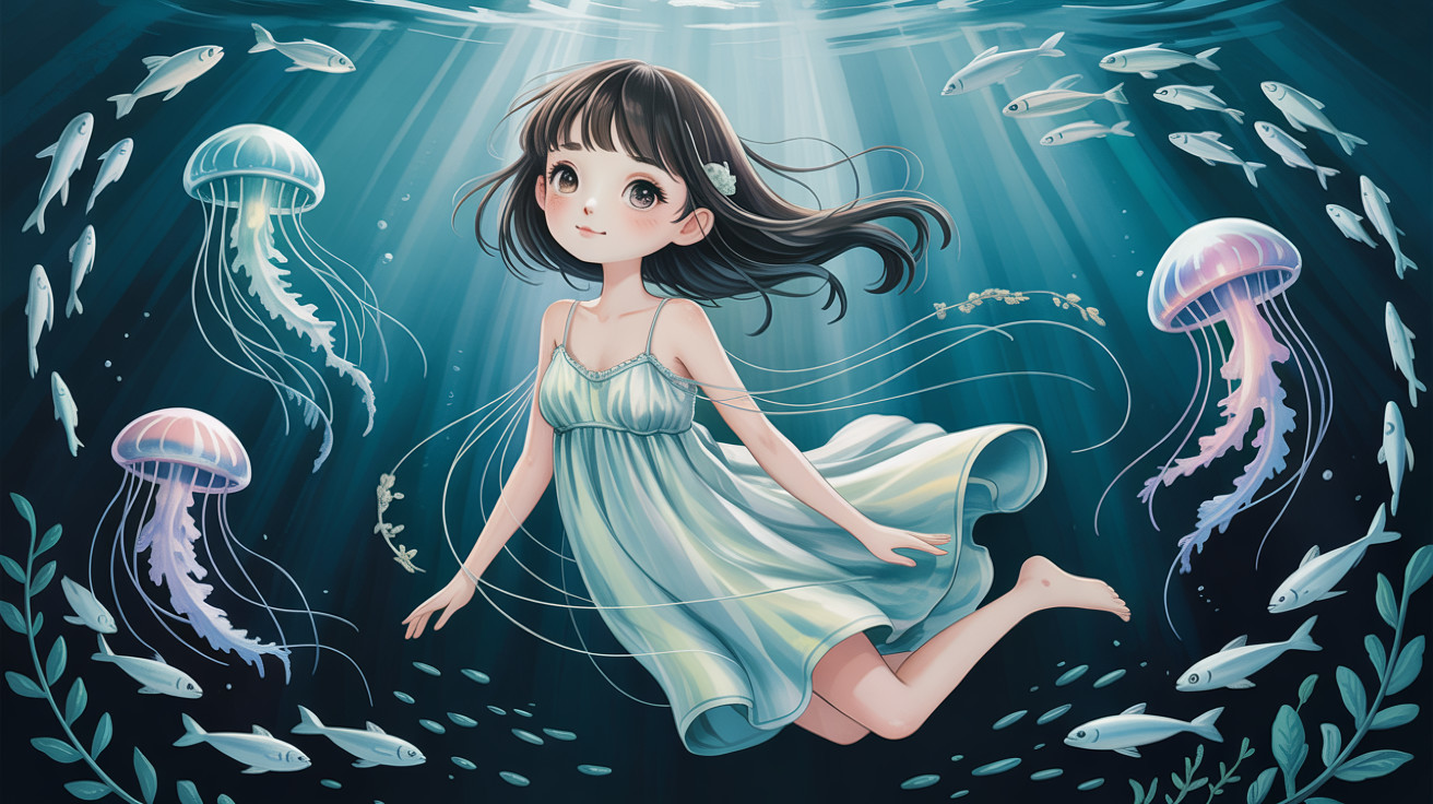 Underwater Fantasy Scene Featuring Anime Girl and Sea Life