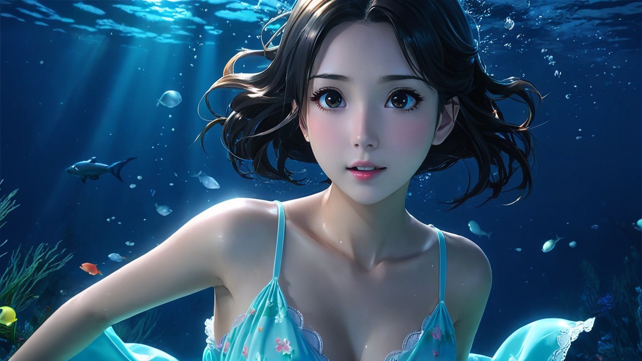 Young woman underwater with sunlight and marine life