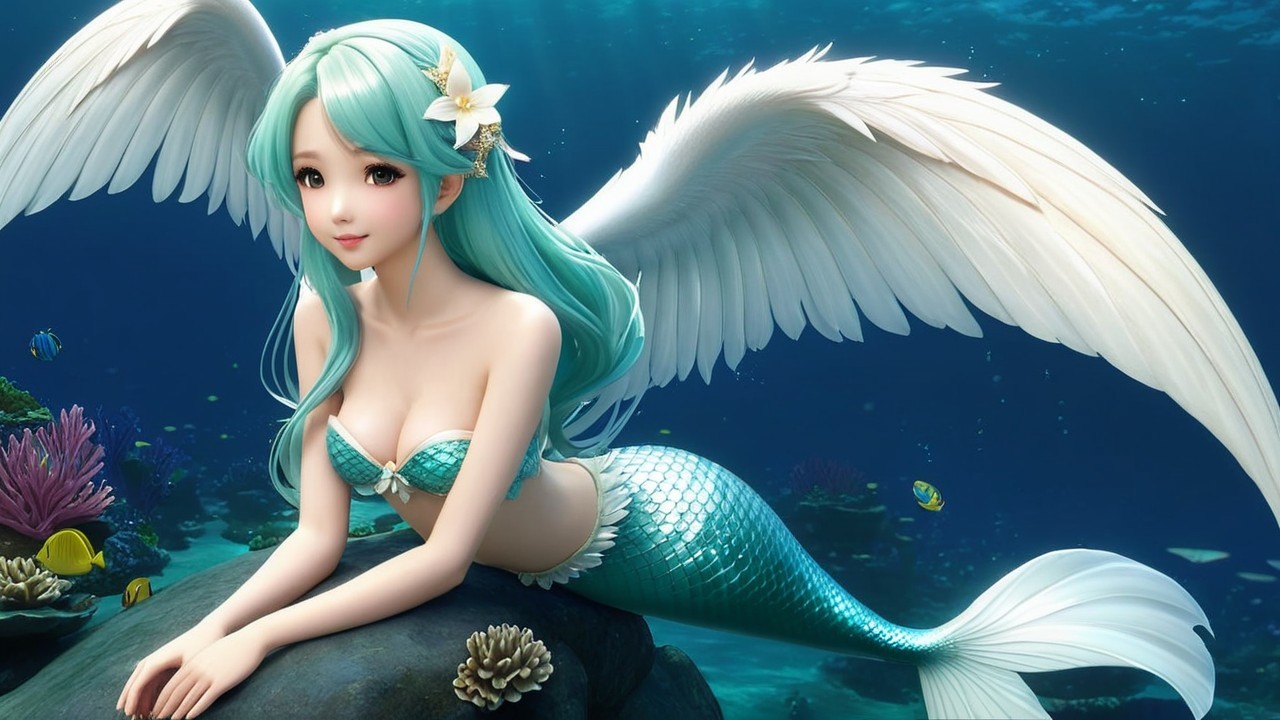Ethereal Mermaid with Turquoise Hair and Wings