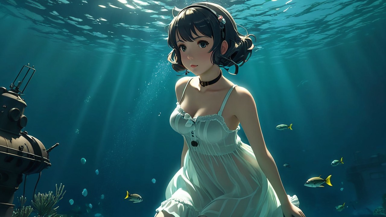 Underwater Scene with Woman in White Dress and Fish