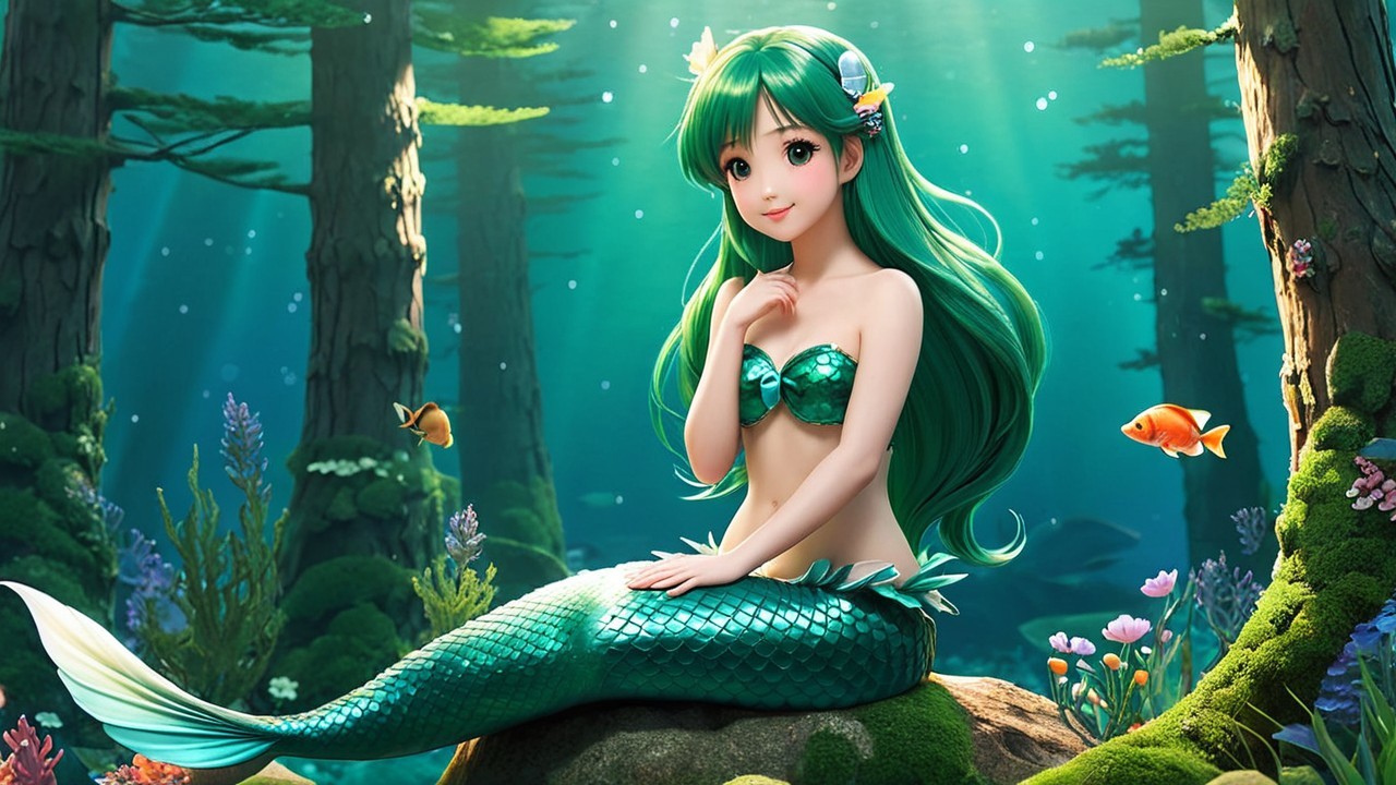 Underwater Scene with Mermaid and Colorful Coral