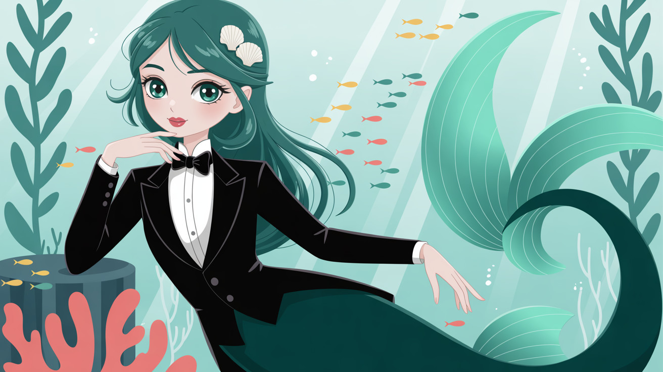 Charming Mermaid in Tuxedo with Underwater Background
