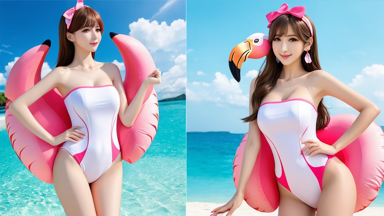 Young woman in stylish swimsuit by vibrant water