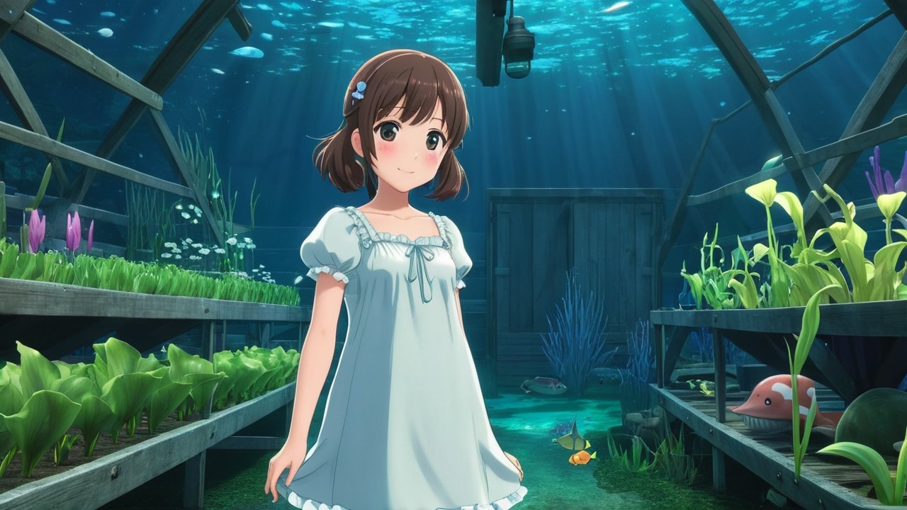 Young girl in vibrant underwater greenhouse setting