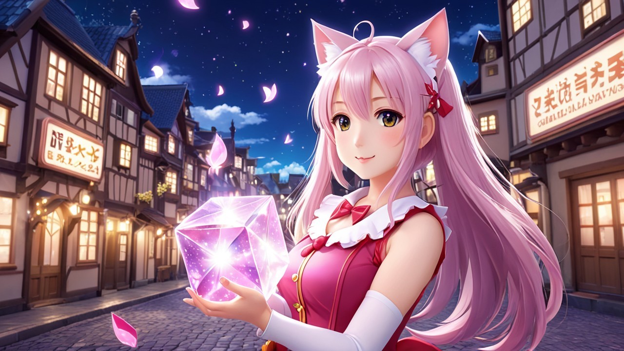 Moonlit Village with Character and Magical Gemstone