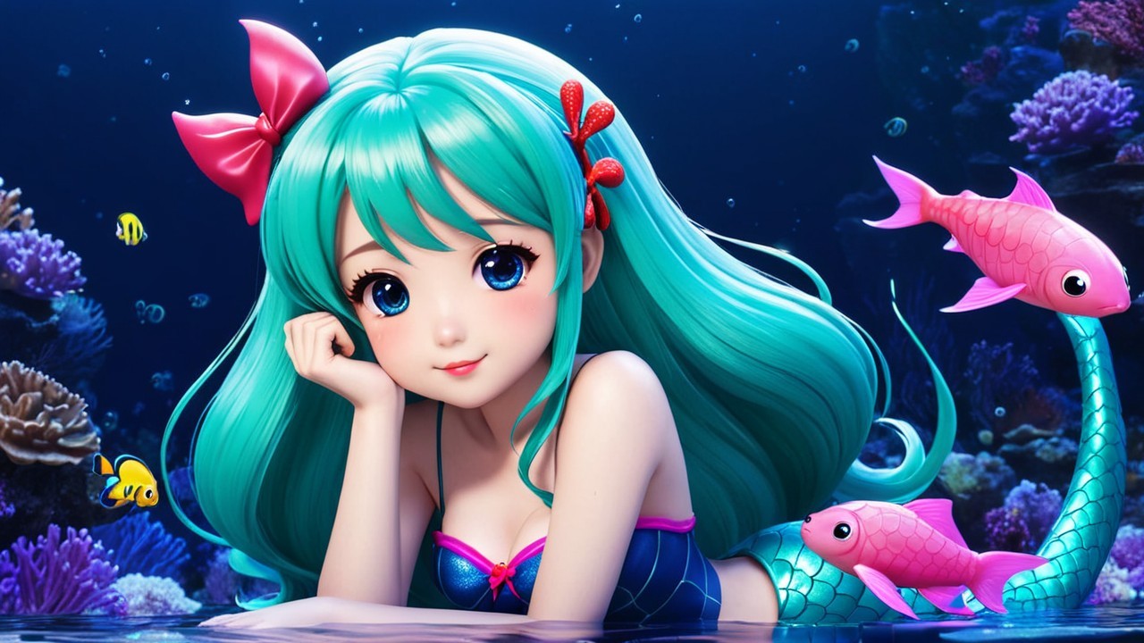 Anime-style mermaid with turquoise hair in coral reefs