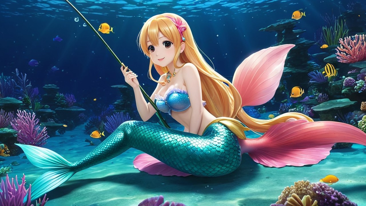 Vibrant Underwater Scene with a Mermaid and Coral