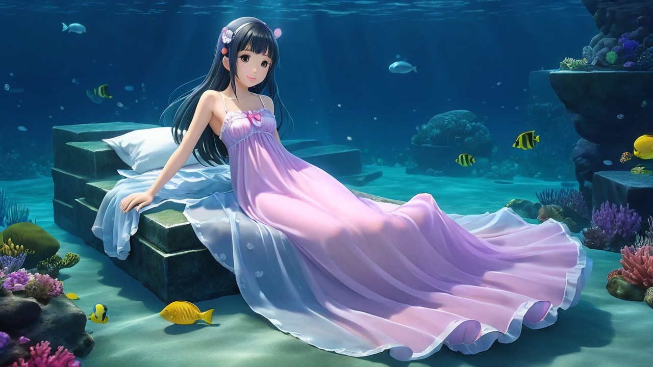 Underwater Scene with Girl in Pink Dress and Coral