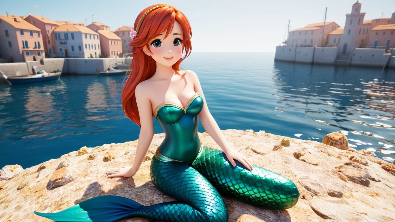 Vibrant Mermaid with Red Hair on Rocky Shoreline