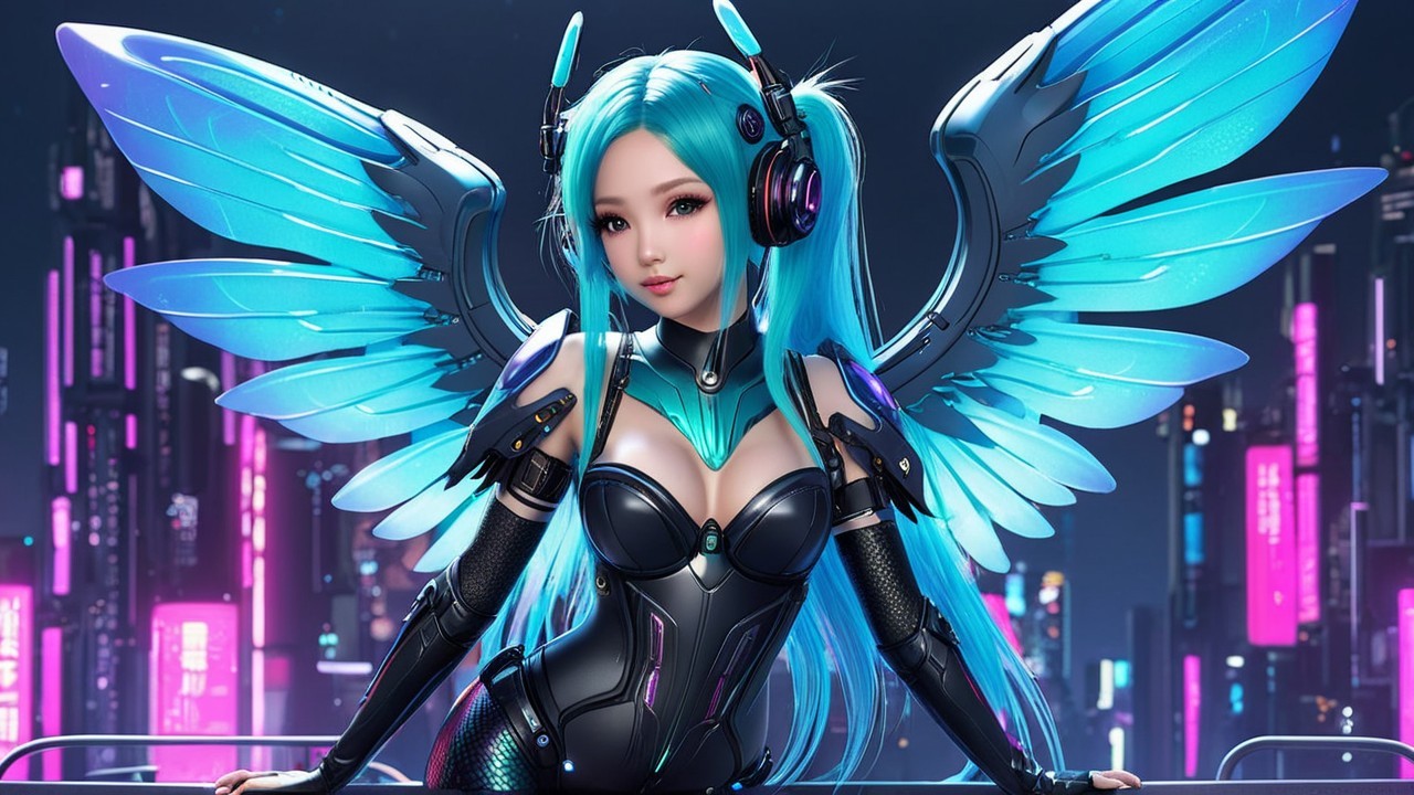 Futuristic Female Character in Cyberpunk Cityscape