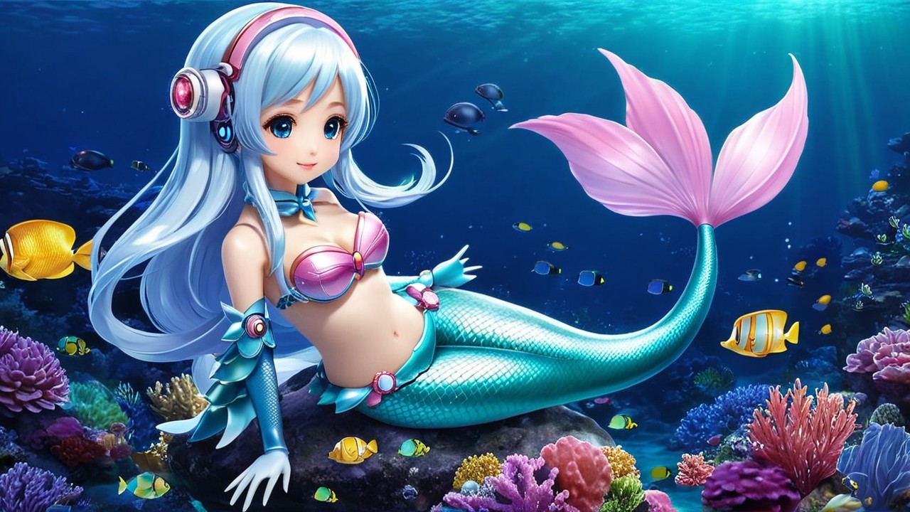 Vibrant Underwater Scene with Anime-Style Mermaid