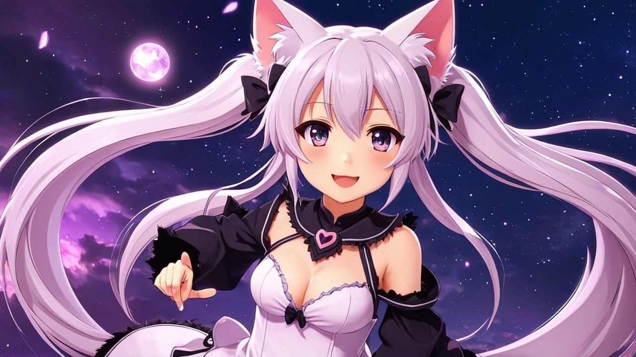 Whimsical Anime Character with Purple Hair and Cat Ears
