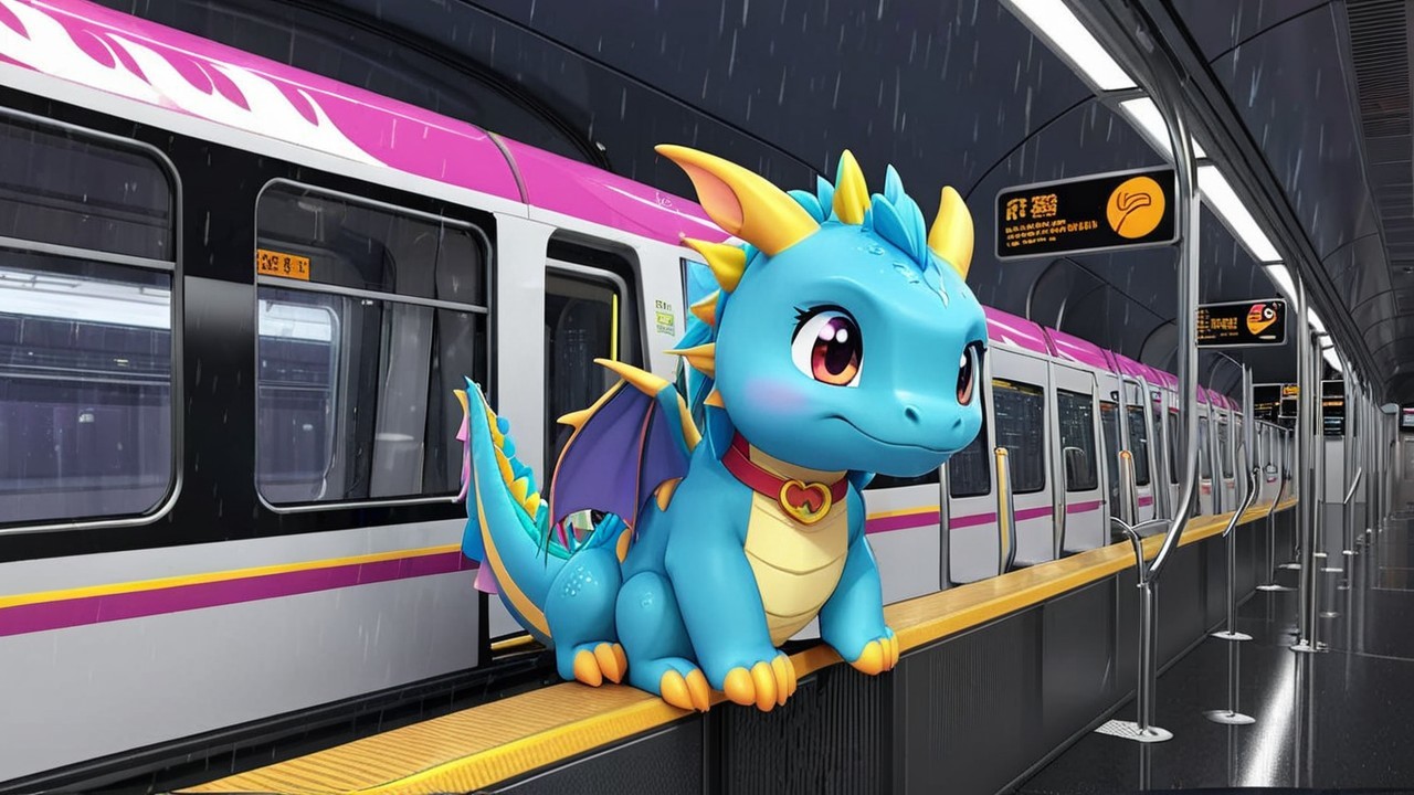 Cartoon Dragon at Modern Subway Station with Rain