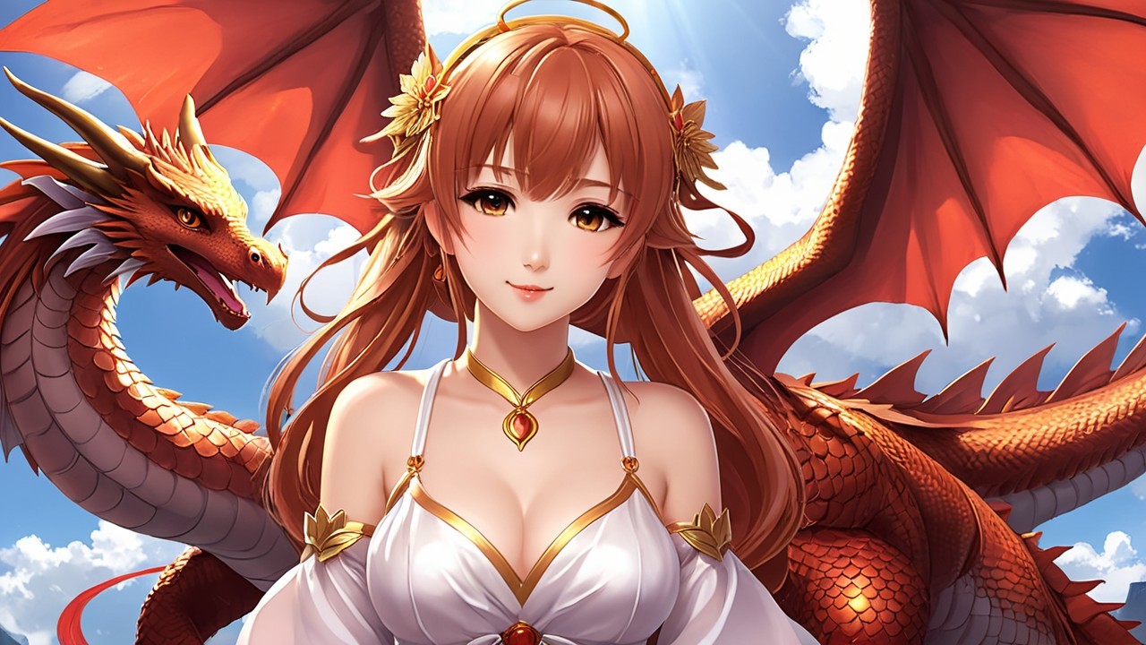 Character with Flowing Hair and Red Dragon Background