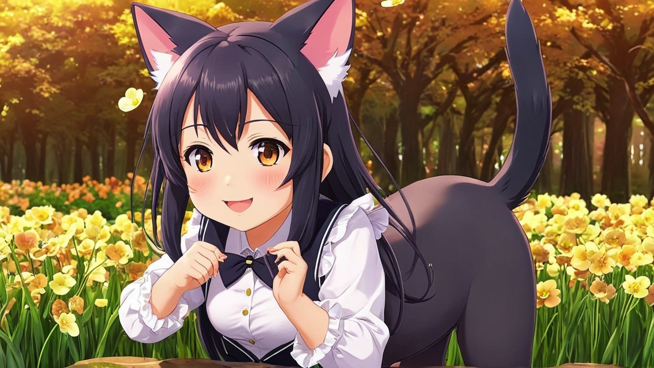 Cheerful girl with cat ears in a flower field