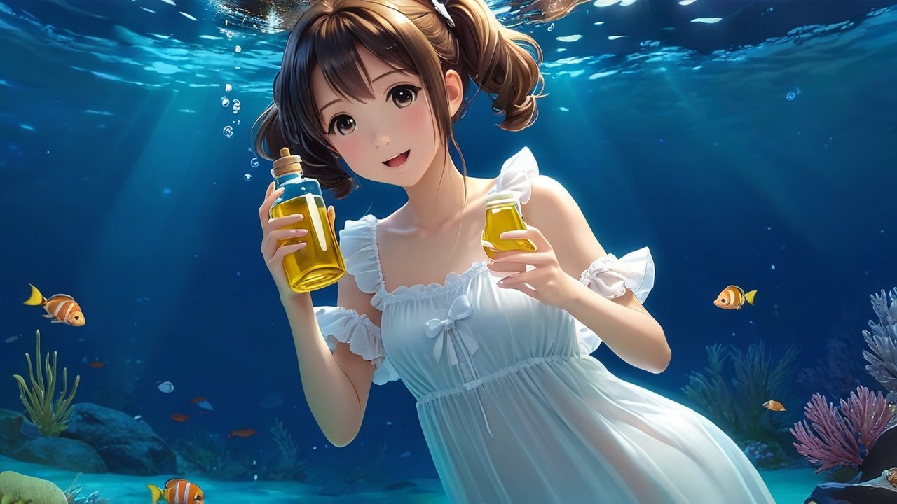 Young girl underwater in white dress with coral and fish