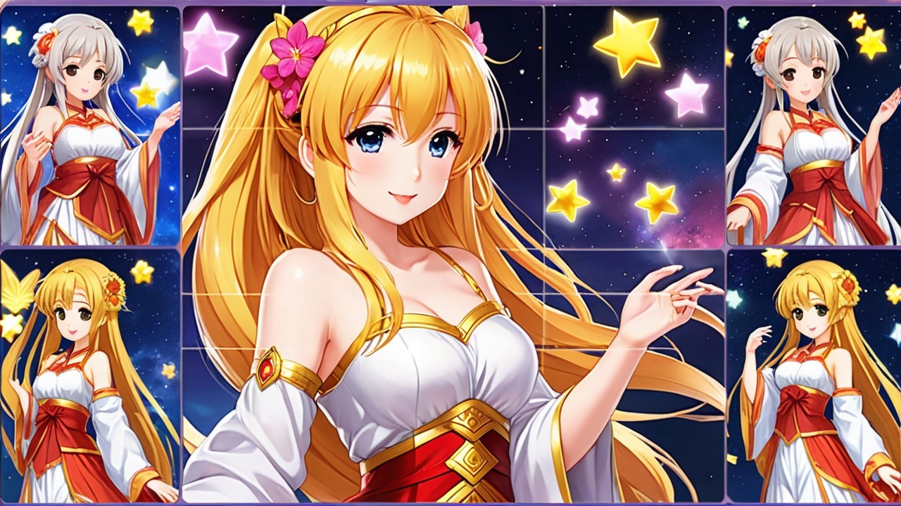 Vibrant anime character with flowers and starry sky